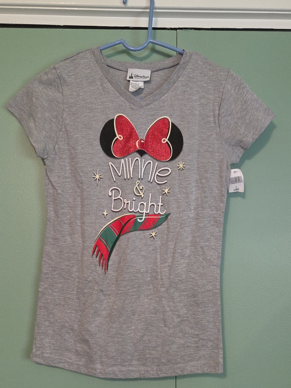 Disney Gray Minnie Red Glitter Bow Short Sleeve Tee Size Large